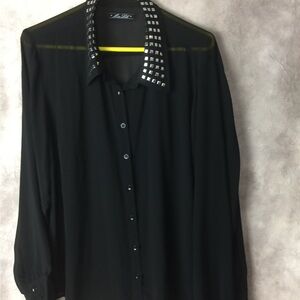 Miss Lili Black Studded Collar Button-Up Blouse Sheer 3X